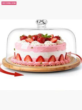 Rotating Wood Cake Stand with Dome for Birthday Parties